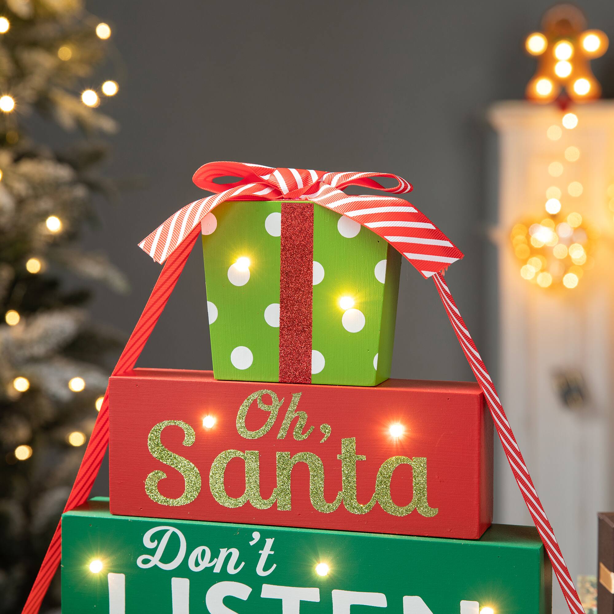 Glitzhome® 12" Lighted Wooden Christmas Gift Block Table Décor